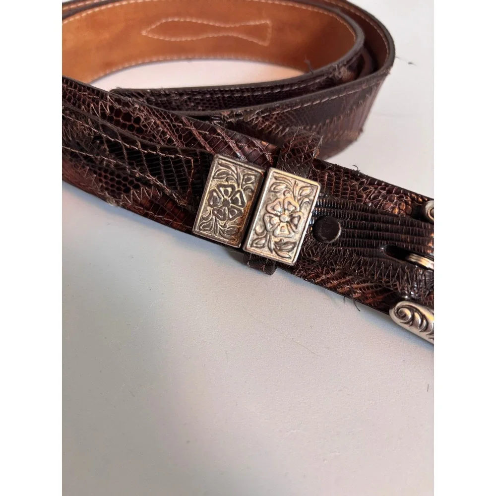 Justin Belt Women 34 Brown Good Genuine Lizard Western Floral‎ Engraved Buckle